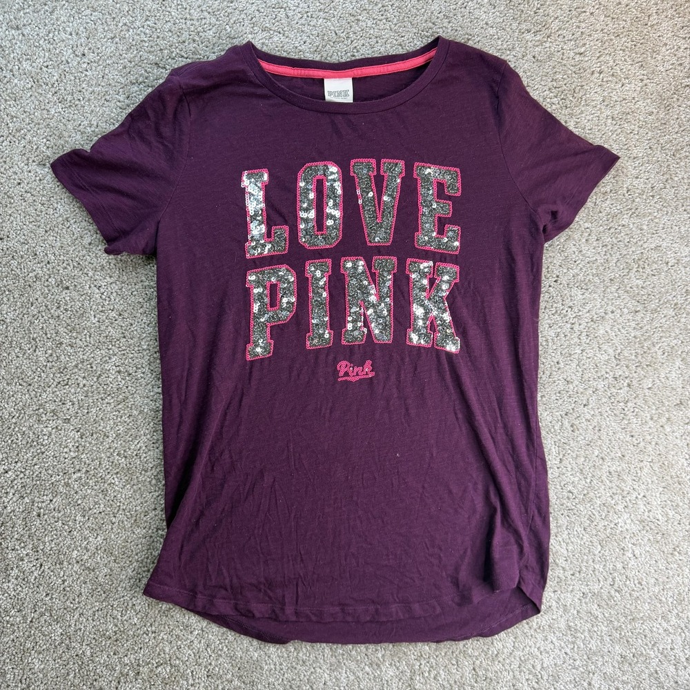 PINK Victoria's Secret Shirt Womens M Purple Love Pink Sequin Graphic Tee Top